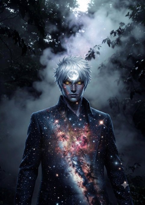 A fantasy digital artwork depicting a figure with white hair and glowing yellow eyes, wearing a dark coat filled with a glowing cosmic galaxy pattern, standing in a misty forest.