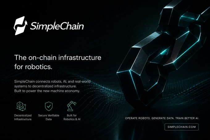 A promotional banner for SimpleChain, featuring the tagline "The on-chain infrastructure for robotics," alongside highlights of "Decentralized Infrastructure," "Secure Verifiable Data," and "Built for Robotics & AI," with the call-to-action "Operate Robots. Generate Data. Train Better AI." The image visually reinforces the post's message by showcasing SimpleChain as a blockchain project purpose-built for real-world robotics and AI applications, emphasizing scalability and reliable infrastructure beyond just transaction speed.