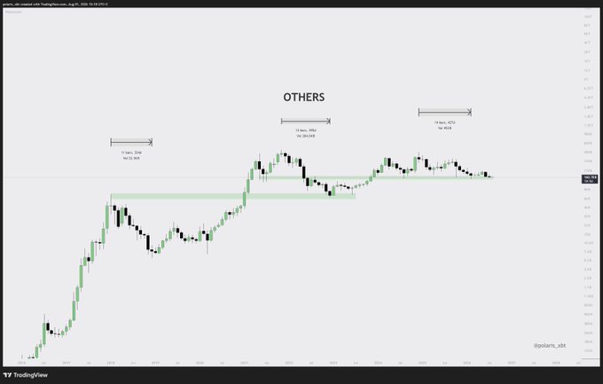 A TradingView financial chart labeled "OTHERS" displaying price ranges for different timeframes (19 sec, 12 sec, 15 sec) with green and red candlesticks, posted by user "dipstars_obl".