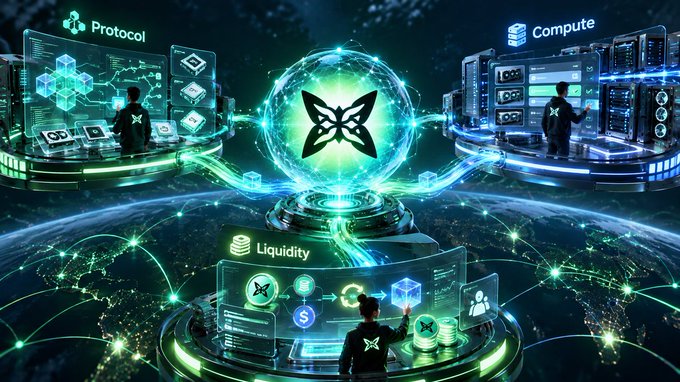 Futuristic digital illustration depicting three interconnected platforms labeled 'Protocol', 'Compute', and 'Liquidity', centered around a glowing butterfly-like emblem.