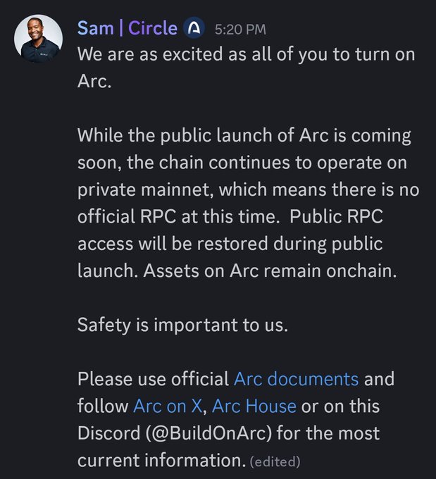 A Discord message from 'Sam | Circle' at 5:20 PM discussing the upcoming public launch of 'Arc' blockchain and noting that public RPC access will be restored at that time.