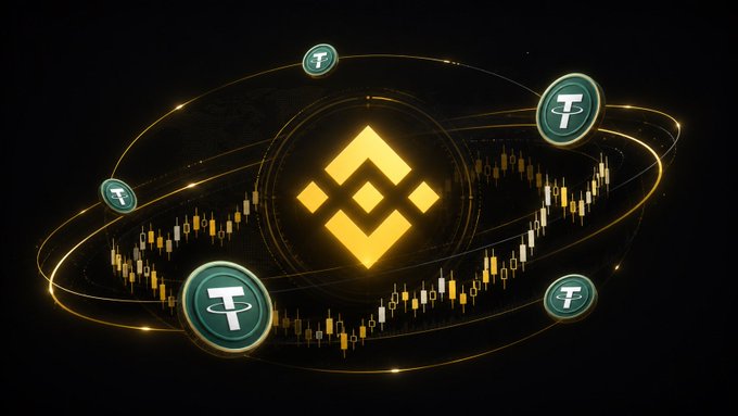 A graphic showing the Binance (BNB) logo in gold, surrounded by orbiting Tether (USDT) coins and candlestick chart patterns against a black background.