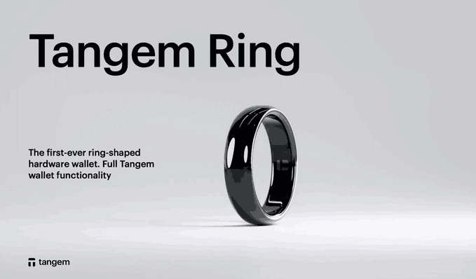 An advertisement for the 'Tangem Ring' described as 'The first-ever ring-shaped hardware wallet. Full Tangem wallet functionality,' showing a black ring on a light background.