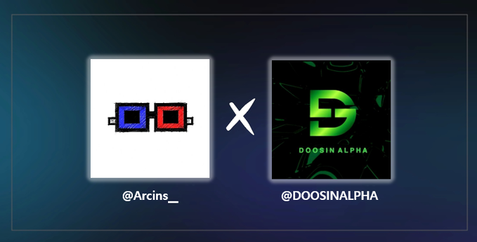 A collaboration announcement between two accounts: @Arcins_ (pixelated glasses logo) and @DOOSINALPHA (green 'D' logo).