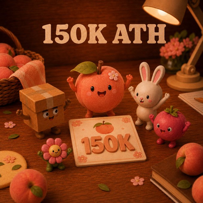A whimsical clay-style scene celebrates a milestone with cute fruit and bunny characters surrounding a tile that reads "150K," accompanied by the "150K ATH" banner text overhead — visually marking the "$150K market cap" achievement referenced in the post for the Peach Crew ($PCPC) community.