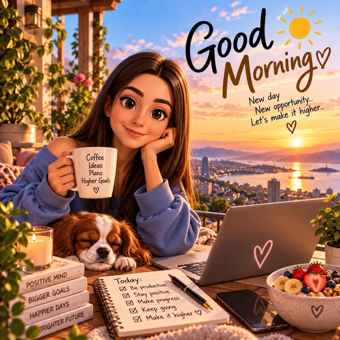 An illustration with 'Good Morning' text featuring a woman holding a 'Coffee Ideas Plans Higher Goals' mug, with a notebook listing tasks like 'Be productive' and 'Stay positive' beside a sleeping puppy.