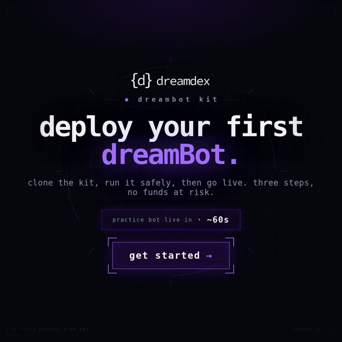 A dark purple landing page for Dreamdex's Dreambot Kit reads 'deploy your first dreamBot' with the tagline 'clone the kit, run it safely, then go live. three steps, no funds at risk.' and a 'get started' button.