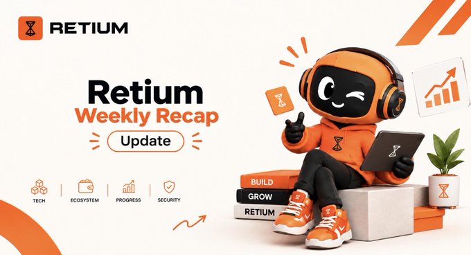 A 'Retium Weekly Recap Update' promotional graphic featuring an orange mascot character wearing headphones and holding a tablet, surrounded by categories labeled 'TECH', 'ECOSYSTEM', 'PROGRESS', and 'SECURITY'.