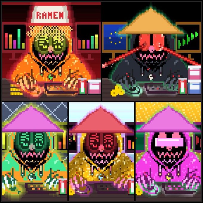 A pixel art collage showing a hooded character in various colored schemes, with one panel labeled 'RAMEN' in the top left.