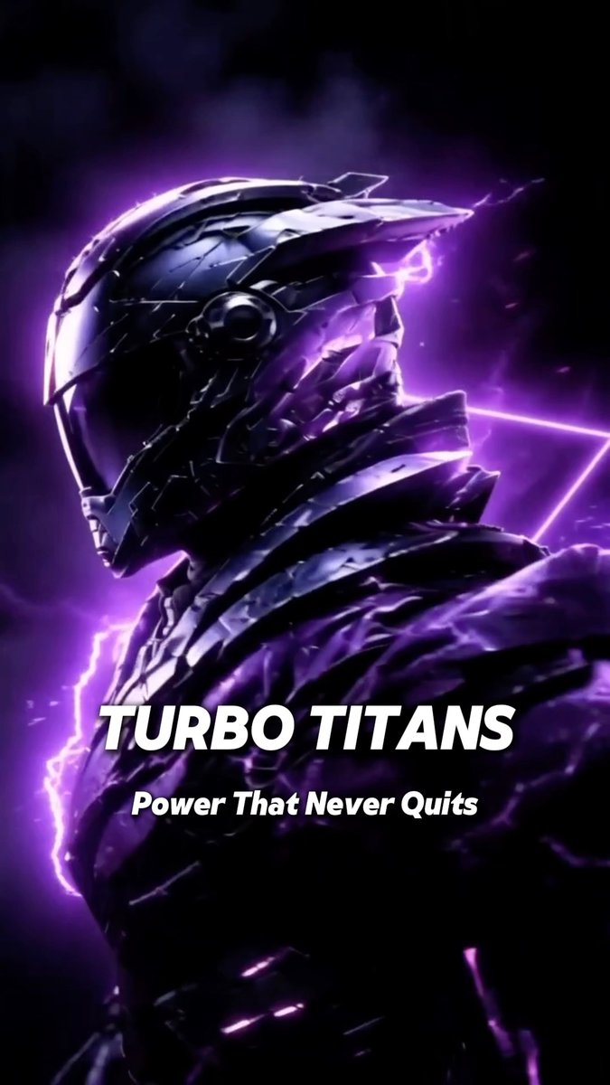A futuristic armored figure with a sleek metallic helmet glows in purple lightning, accompanied by the text "TURBO TITANS - Power That Never Quits," visually reinforcing the post's call to join the team's high-stakes TIFT 2026 Team Championship competition.