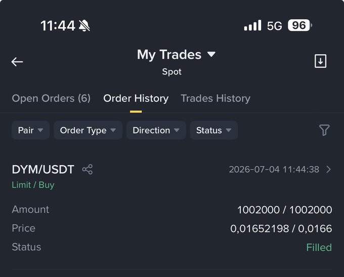 Screenshot of a cryptocurrency trading app showing the Order History tab with a filled Limit/Buy order for DYM/USDT at a price of 0.01652198 for an amount of 100,2000 units, dated 2026-07-04.
