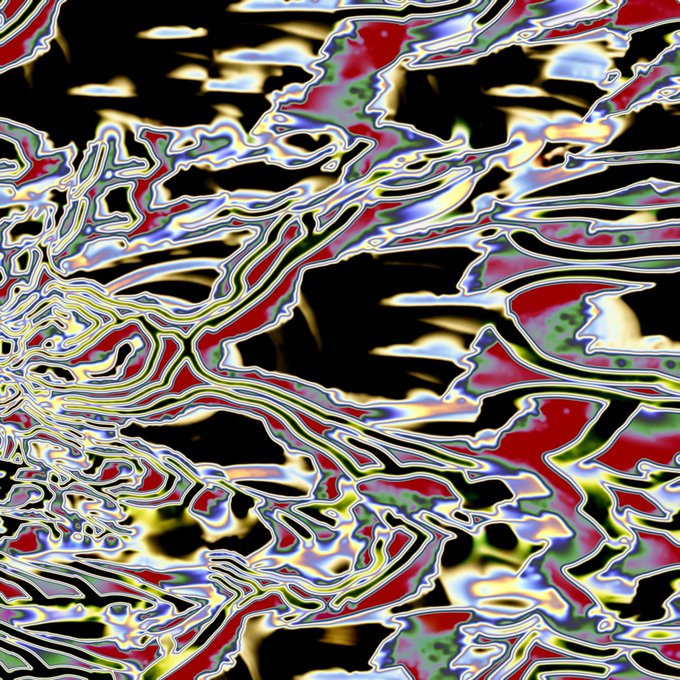 An abstract, distorted image with a digital glitch effect, featuring wavy lines and smears of red, green, blue, yellow, and black colors.