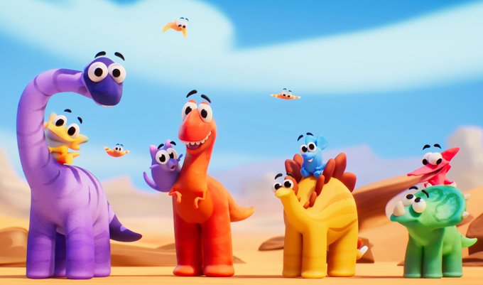 A group of colorful claymation-style dinosaurs, including a purple long-neck, orange T-Rex, yellow triceratops, green dinosaur, and small flying pterodactyl-like creatures, gather together in a desert landscape. The playful, kid-friendly aesthetic visually represents the Claynosaurz brand, aligning with the post's message about the project's entertainment empire spanning TV series, streaming partnerships, and Gameloft-built gaming experiences.