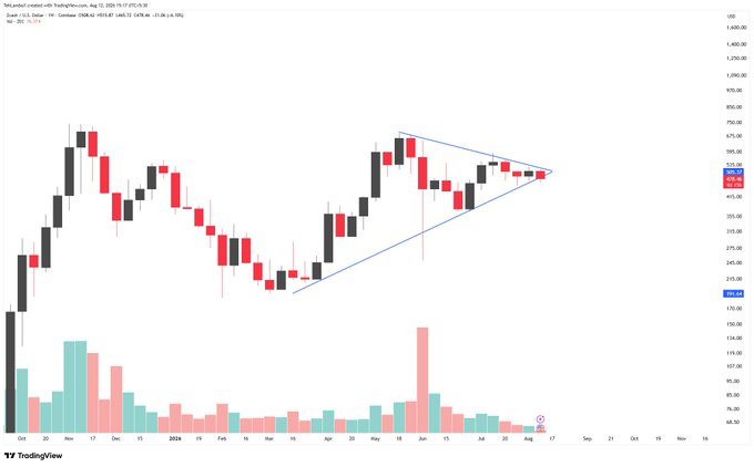 TradingView candlestick chart for Coinbase COIN on a weekly timeframe showing price action from late 2023 through August 2024, with a blue symmetrical triangle pattern drawn converging around the $500-$530 range.