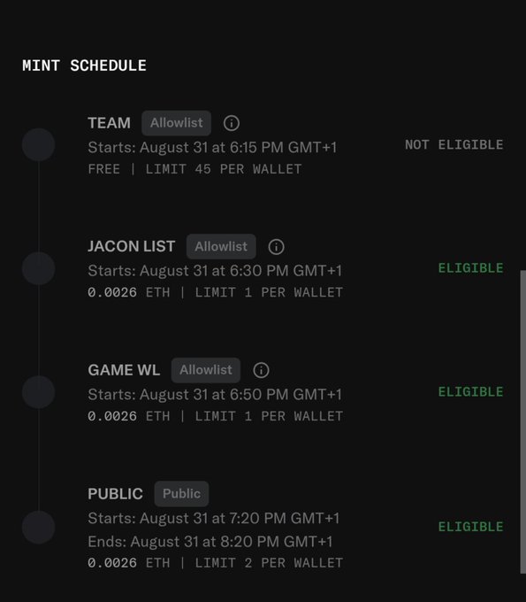 A NFT mint schedule displayed on a dark interface showing four tiers (Team, Jagon List, Game WL, Public) starting August 31st, with the user marked as eligible for the Jagon List, Game WL, and Public mints at 0.0026 ETH, matching their "readyy" post indicating they're prepared for the upcoming drop.