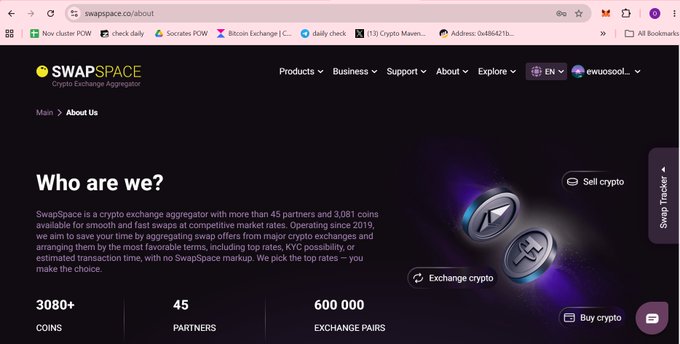 The image shows the "About Us" page of SwapSpace, a crypto exchange aggregator, with the heading "Who are we?" highlighting that the platform has 3,081+ coins, 45 partners, and 600,000 exchange pairs. This aligns with the accompanying post celebrating SwapSpace's 7-year anniversary by showcasing the company's key statistics and its role as a crypto exchange aggregator.