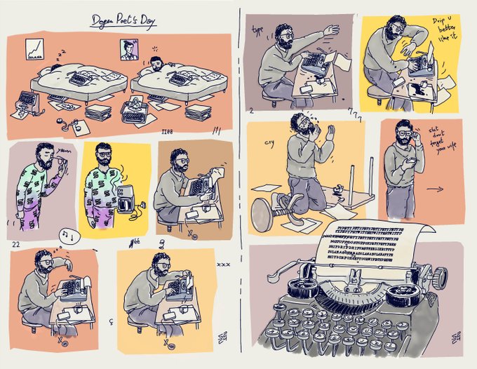 This comic strip, "Degen Poet's Day," depicts a person struggling with writing, perhaps relating to the user's desire for a "Solana pajama look" as they are on step 2 and putting on their glasses.