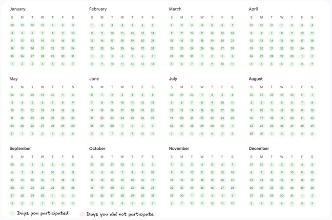 A yearly calendar tracking participation, with green circles indicating 'Days you participated' and pink circles indicating 'Days you did not participate.'