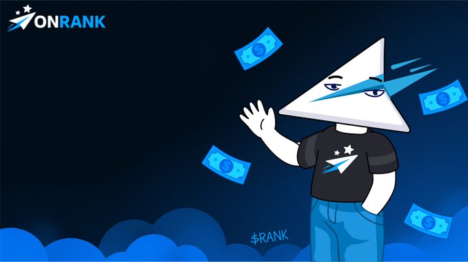 A cartoon illustration of a character with a triangular head wearing an 'ONRANK' t-shirt, surrounded by floating dollar bills against a dark blue background with the 'ONRANK' logo in the corner.