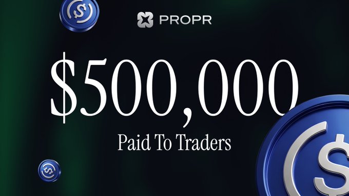 A promotional graphic displaying '$500,000 Paid To Traders' with floating blue dollar coins against a dark background, branded with the 'PROPR' logo.