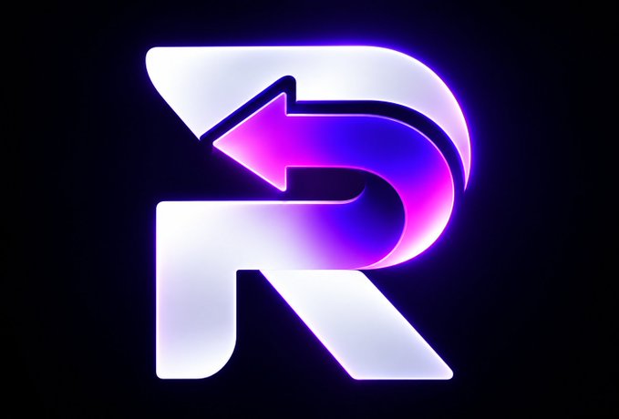 A stylized 3D letter 'R' logo with a purple-to-white gradient and an arrow detail, set against a dark background.