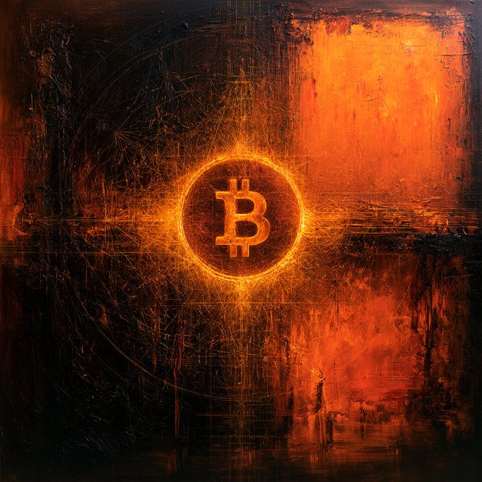 A glowing Bitcoin symbol radiates against a fiery, abstract background of orange and black, with the "B" logo framed in a luminous circle. The dramatic visual mirrors the post's message about unwavering fundamentals persisting through market turbulence.