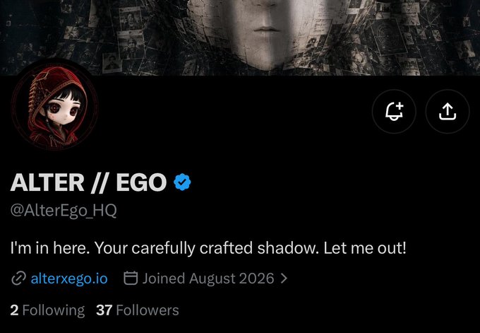 The image shows a Twitter/X profile for "ALTER // EGO" (@AlterEgo_HQ) with a verified checkmark, featuring a dark aesthetic with a hooded chibi character avatar and 37 followers, directly promoting the NFT collection mentioned in the post that uses users' X accounts to create unique NFTs with 1000 free mints available through alterxego.io.