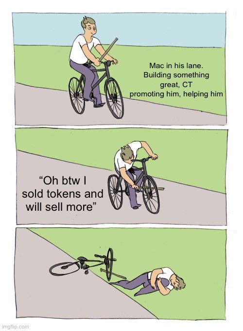 The image shows three different cartoon drawings depicting a man riding a bicycle with a broken wheel. The first drawing features a man sitting on his bike, the second one has him falling off the bike due to the broken wheel, and the third one is of the man trying to fix the wheel while holding onto it. The post suggests that selling tokens or Bitcoins could help promote oneself in the current market sentiment, but it also warns against sharing such information publicly as it might be considered inappropriate by some people.