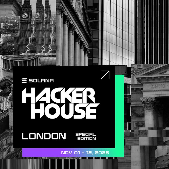 A promotional graphic for "Solana Hacker House London Special Edition" (Nov 01-12, 2026) overlays a black-and-white London cityscape featuring iconic architecture like Big Ben and classical columns. The poster ties into the post's excitement about reviving the original 2022/2023 Solana Hacker House vibe as a warm-up to Breakpoint.