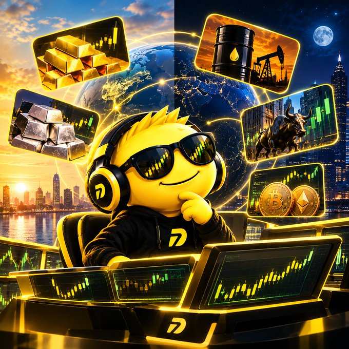 A digital illustration of a yellow smiley face character wearing sunglasses and headphones, surrounded by floating icons of gold bars, silver, oil barrels, a bull, Bitcoin/Ethereum coins, and trading charts against a city and globe backdrop.