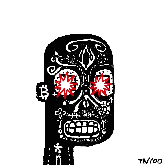 A black and white illustration of a sugar skull-style skull featuring Bitcoin 'B' symbols in its red eyes, with the text '78/100' in the corner.