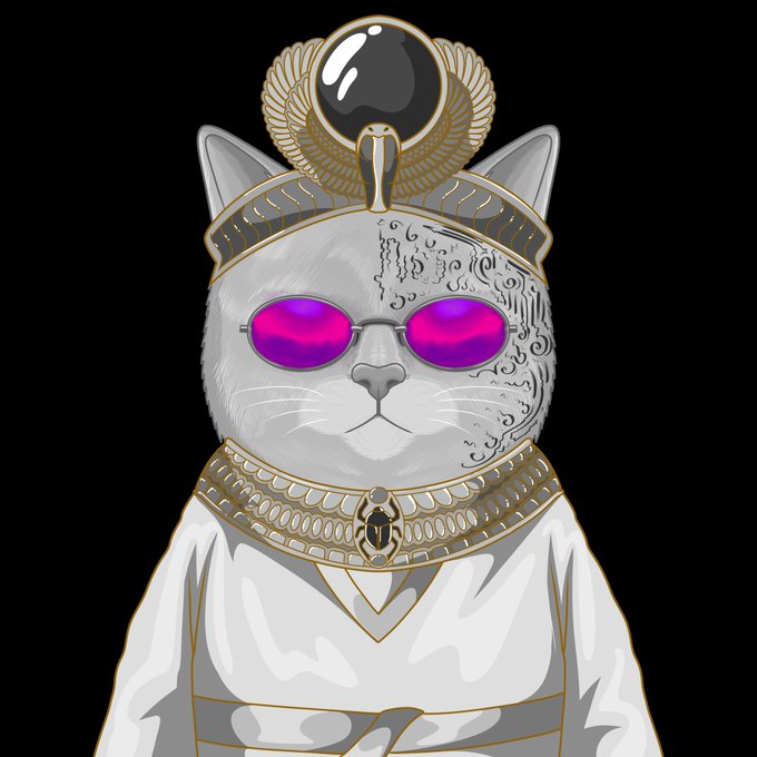 The image features a white cat wearing a gold necklace, sunglasses, and a crown with a feather headdress. The cat appears to be dressed as a medieval-style Egyptian queen or king, complete with a robe and a scepter. The caption below the image reads "We want YellowCatz to be in the hands of real holders. Drop your ETH wallet below! We'll be allocating a few spots to genuine community members and long-term supporters. No farmers. No flippers."