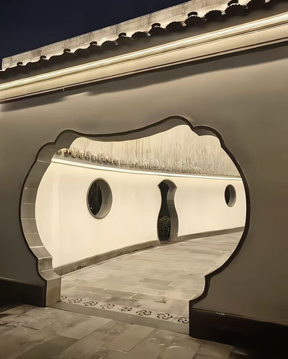 An ornate traditional doorway, likely in Asian architecture, features a uniquely shaped archway leading into a softly lit corridor with circular wall openings and decorative tile flooring.