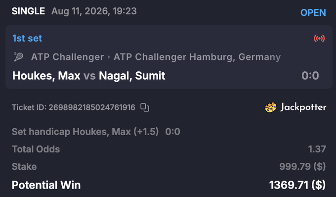 A betting slip on Jackpotter shows a $999.79 wager on Houkes, Max (+1.5) set handicap against Sumit Nagal at the ATP Challenger Hamburg, with total odds of 1.37 and a potential payout of $1369.71, reflecting the bettor's high-volume play on the platform ahead of its TGE.