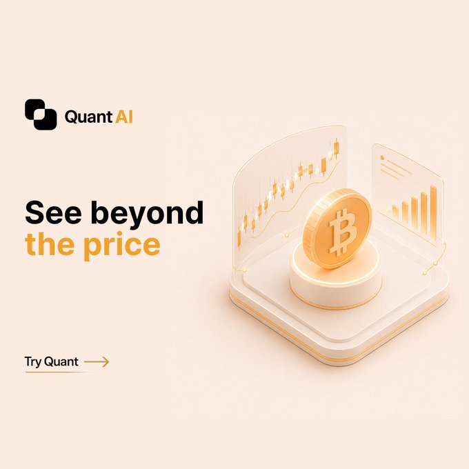 A promotional graphic for Quant AI featuring a 3D Bitcoin coin on a pedestal with financial charts, alongside the tagline 'See beyond the price' and a 'Try Quant' call to action.