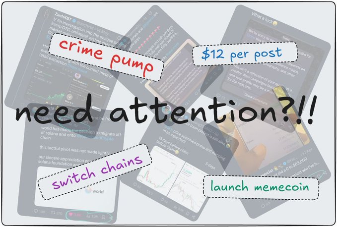 A graphic with 'need attention?!!' in large black handwritten text overlaid on faded crypto Twitter posts, with colorful labels reading 'crime pump', '$12 per post', 'switch chains', and 'launch memecoin'.