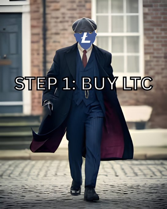 A stylized image of a man in a long coat and flat cap with a blue Litecoin (LTC) logo superimposed on his face, overlaid with the text 'STEP 1: BUY LTC'.