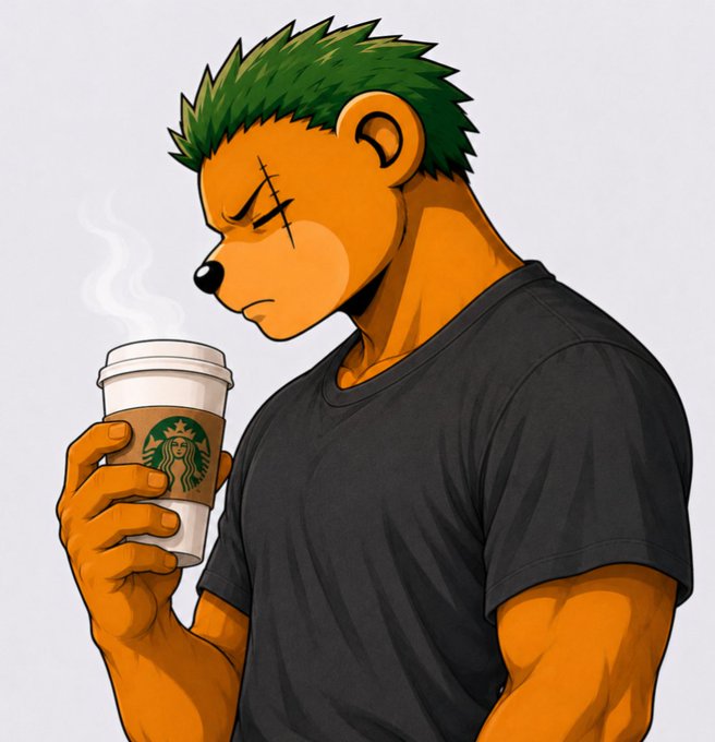 An illustration of an orange anthropomorphic bear-like character with green spiky hair and a scar over one eye, holding a steaming Starbucks coffee cup while wearing a dark gray t-shirt.