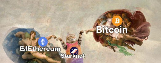 A humorous painting parodying Michelangelo's 'Creation of Adam' featuring cryptocurrency logos: Ethereum and Starknet reaching out to Bitcoin.