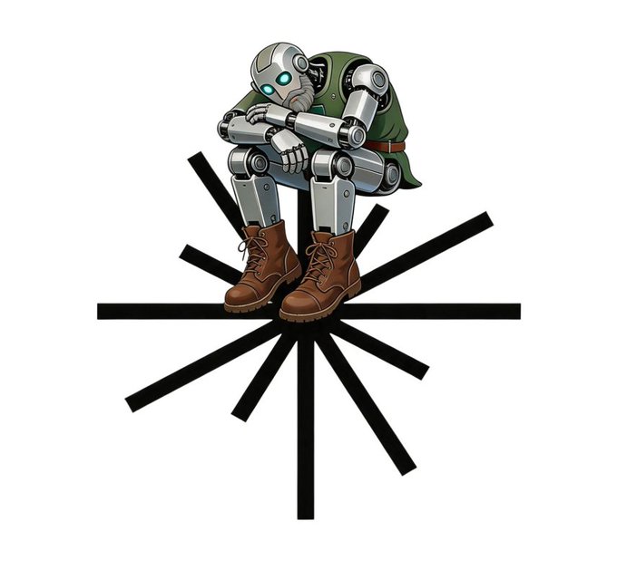 An illustration depicts a melancholy robot wearing a green cloak and brown boots, sitting hunched over on a black starburst-like geometric shape against a white background.