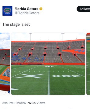 A tweet from Florida Gators (@FloridaGators) captioned 'The stage is set' showing an empty football stadium with the 'X' and SEC logos painted on the field, posted at 3:19 PM on 9/4/26 with 173K views.