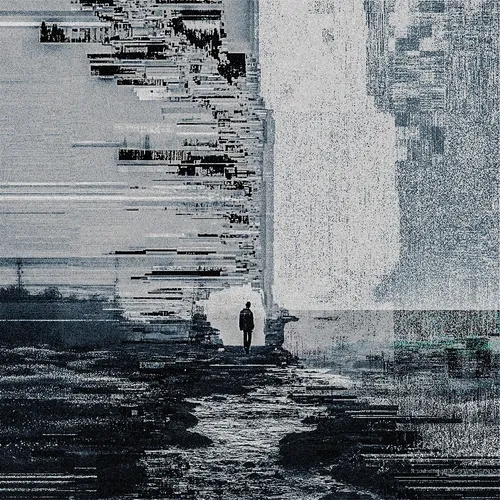 A monochromatic, glitch-like digital artwork shows a lone person walking through a fragmented, deteriorating cityscape or corridor.