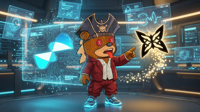 A cartoon teddy bear dressed in a pirate outfit with X's for eyes sticks its tongue out in a futuristic tech room, pointing at a glowing butterfly symbol while standing near a holographic display of the Aptos (APT) logo. The image playfully illustrates the post's theme of running a blockchain node on a testnet, with the bear representing the user "gQuip" enthusiastically engaging with quantum-style compute and Aptos network technology.