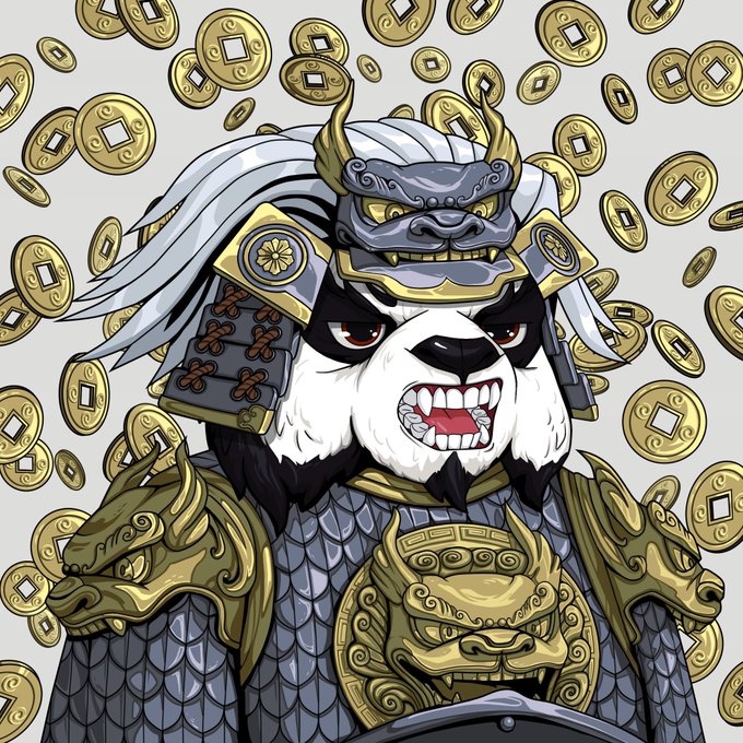 A fierce samurai panda mascot with sharp fangs wears ornate gold and gray armor featuring a demonic Oni helmet, surrounded by a backdrop of golden coins with square center holes. The image ties into the post by visually representing wealth and winning streaks through the abundance of coins, fitting the user's boasts about a "winning streak" with project giveaways (GTDs) for the @EngetsuNFT project.