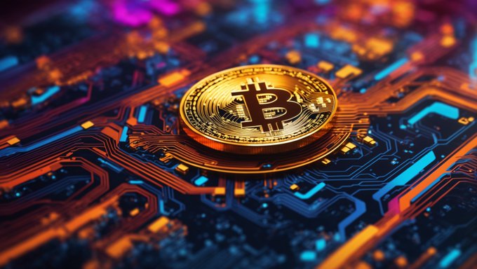 A golden Bitcoin coin resting on a glowing circuit board with neon orange and blue lighting, symbolizing cryptocurrency and blockchain technology.