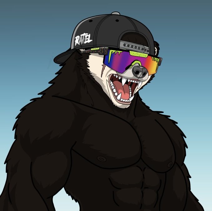 An illustration of a muscular anthropomorphic black bear wearing a backwards cap with 'RMFH' text, large rainbow-colored reflective sunglasses, and an open mouth showing sharp teeth against a blue sky background.