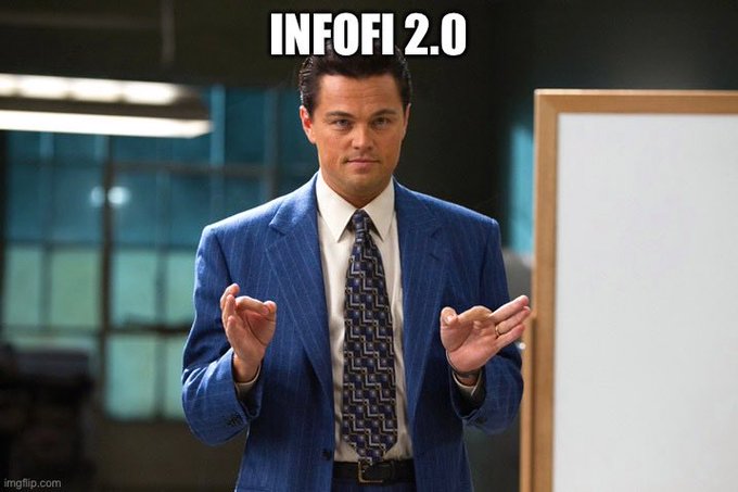 **Caption:** The "Wolfe Blitzer Hands Up" meme template features Leonardo DiCaprio in *The Wolf of Wall Street* with palms raised in a pleading gesture, overlaid with "INFOFI 2.0," humorously signaling cautious optimism about a potential relaunch of the InfoFi crypto narrative.

**Connection:** The post jokingly treats the next InfoFi cycle as a bold proposal requiring defensive justification ("Hear me out"), and the raised-hands meme perfectly captures that sheepish, brace-for-criticism energy of someone ready to argue for InfoFi again after the first cycle's backlash.