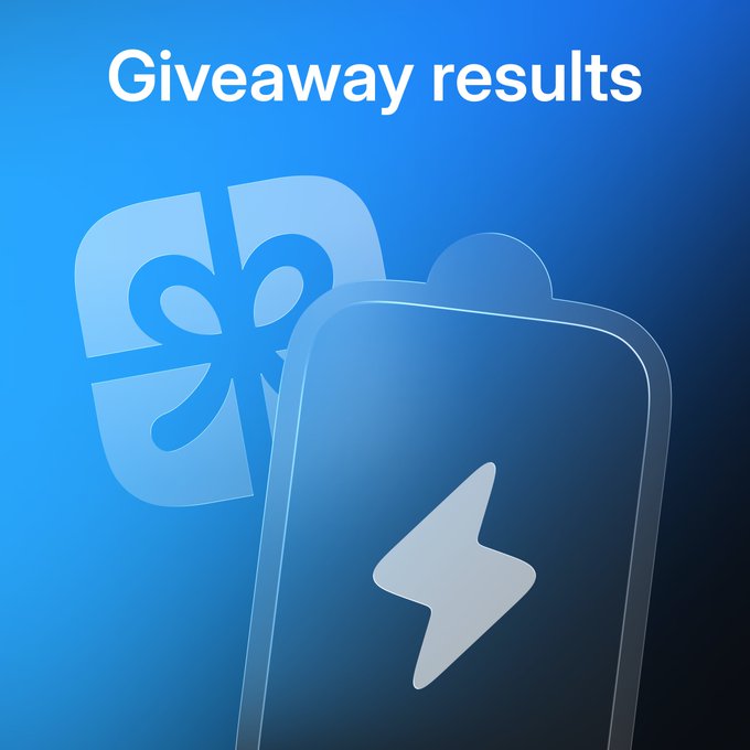 A blue digital graphic displaying the text 'Giveaway results' at the top, accompanied by icons of a gift box with a bow and a tablet showing a lightning bolt symbol.