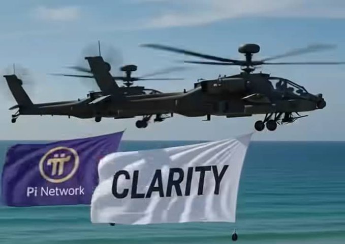 Two Apache attack helicopters fly in formation, towing banners that display the Pi Network logo and the word "CLARITY," symbolizing the dual forces advancing alongside the Pi ecosystem: the Protocol 27 mainnet launch and the U.S. CLARITY Act's regulatory progress.