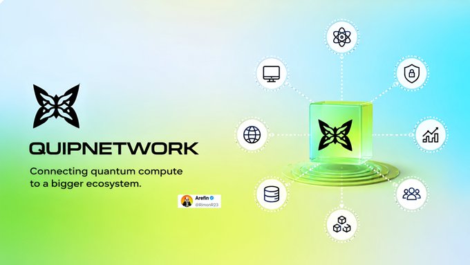 A promotional graphic for QUIPNETWORK featuring their butterfly logo alongside a central glowing cube connected to icons representing security, analytics, blockchain, databases, users, and networking, with the tagline "Connecting quantum compute to a bigger ecosystem," visually reinforcing the post's message about expanding quantum computing's reach beyond research into broader applications.